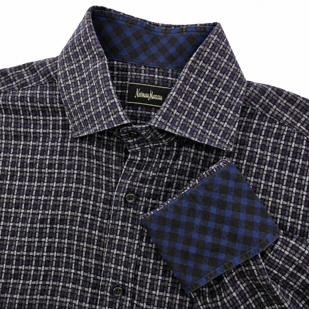 Neiman Marcus Shirt Mens L Purple Basketweave Gingham Trim Button Preppy Office